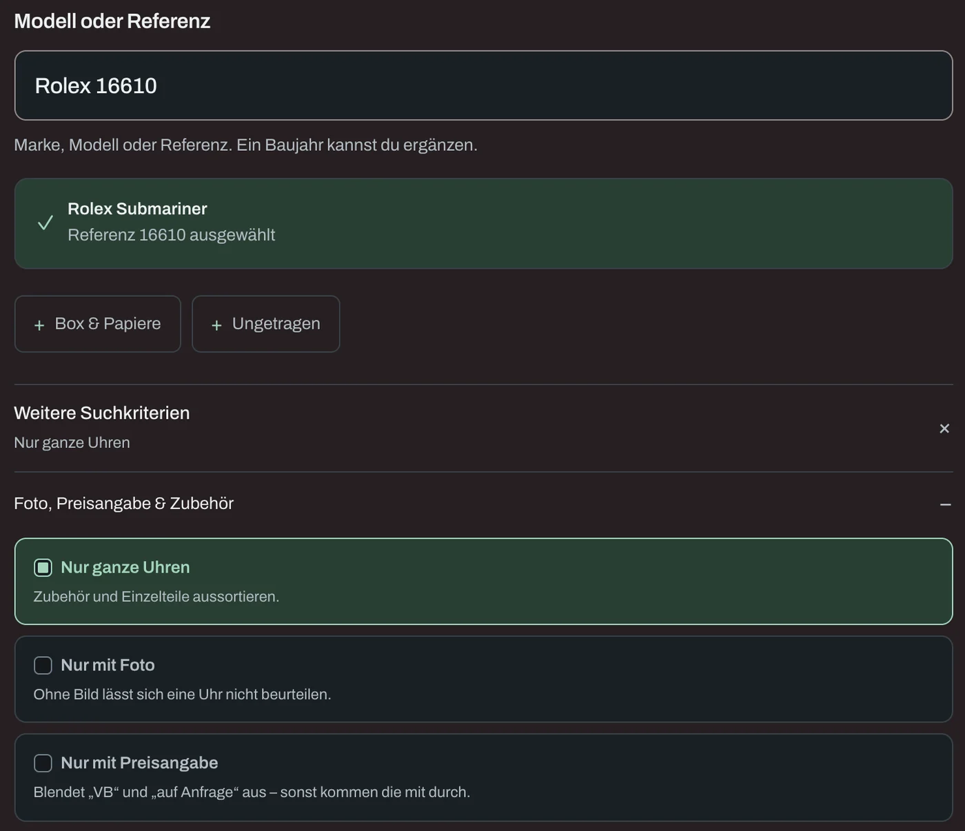 watchME Suchanlage: Referenz erkannt, Filter für ganze Uhren, Foto und Preisangabe