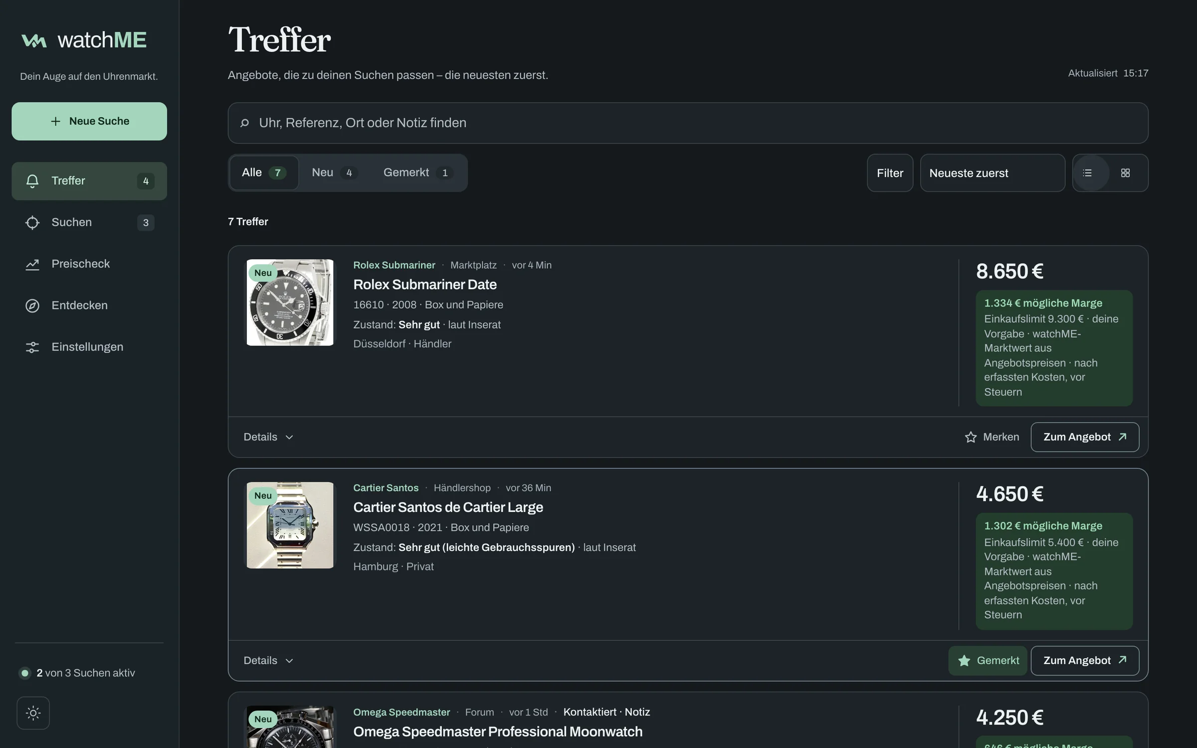 watchME Trefferliste: neue Angebote mit Inseratspreis, Zustand, Einkaufslimit und möglicher Marge